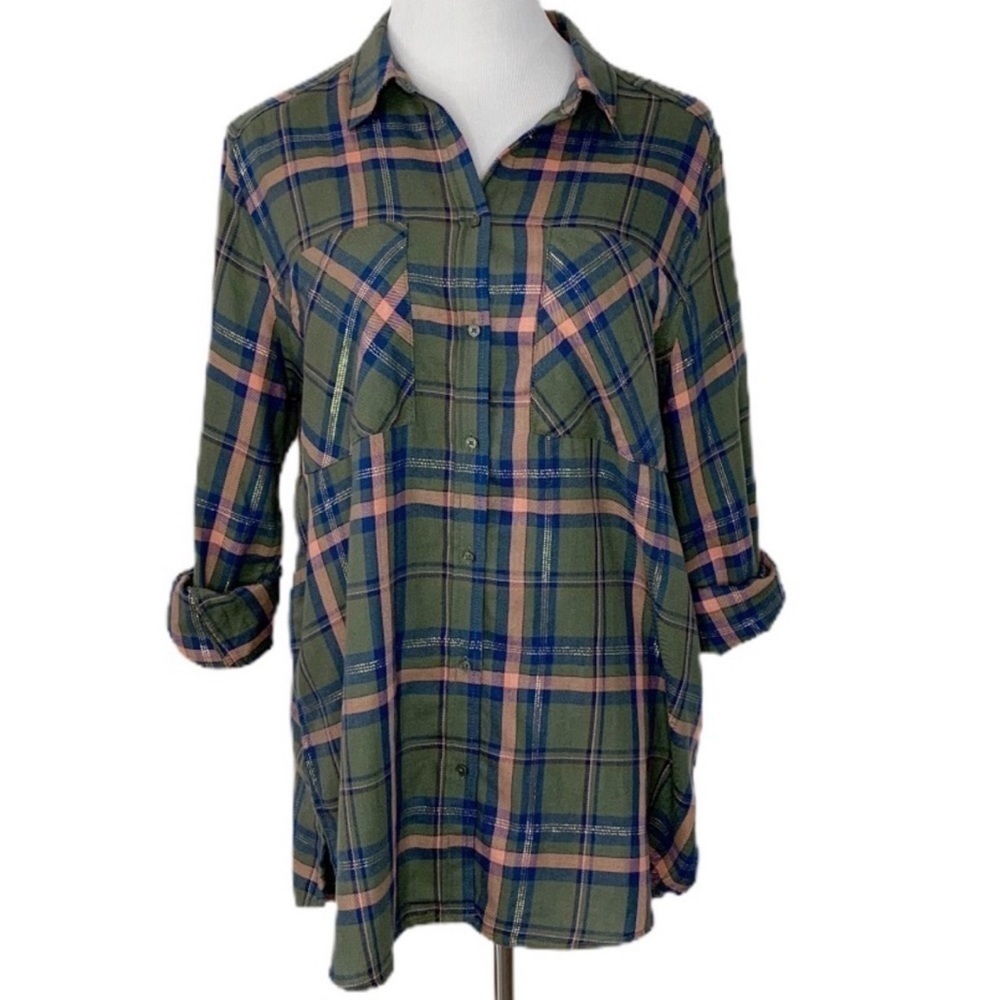Express Boyfriend Shirt Olive & Pink Plaid Flannel Burton Down Medium